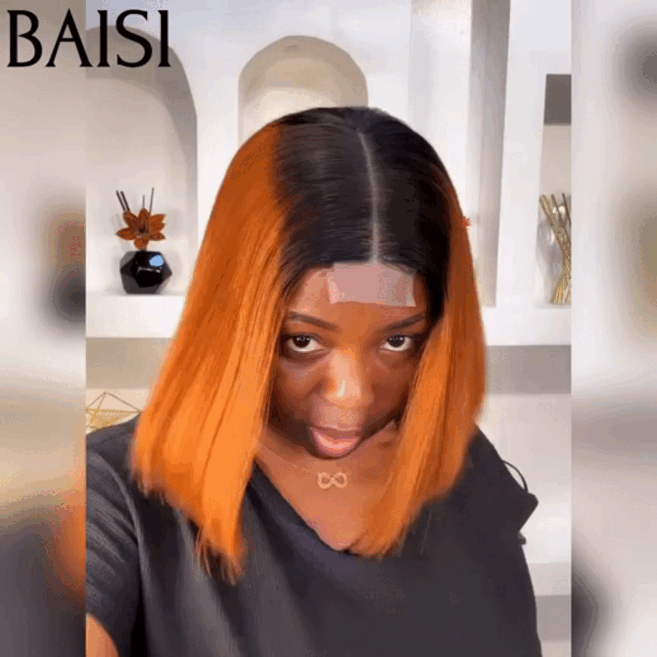 BAISI 2X6  Perruques de Luxe Haute Qualité Viêtnam Hair  Lisse BOB en Couleur  orange avec racine noir 1BT350# en 100% Cheveux Humains