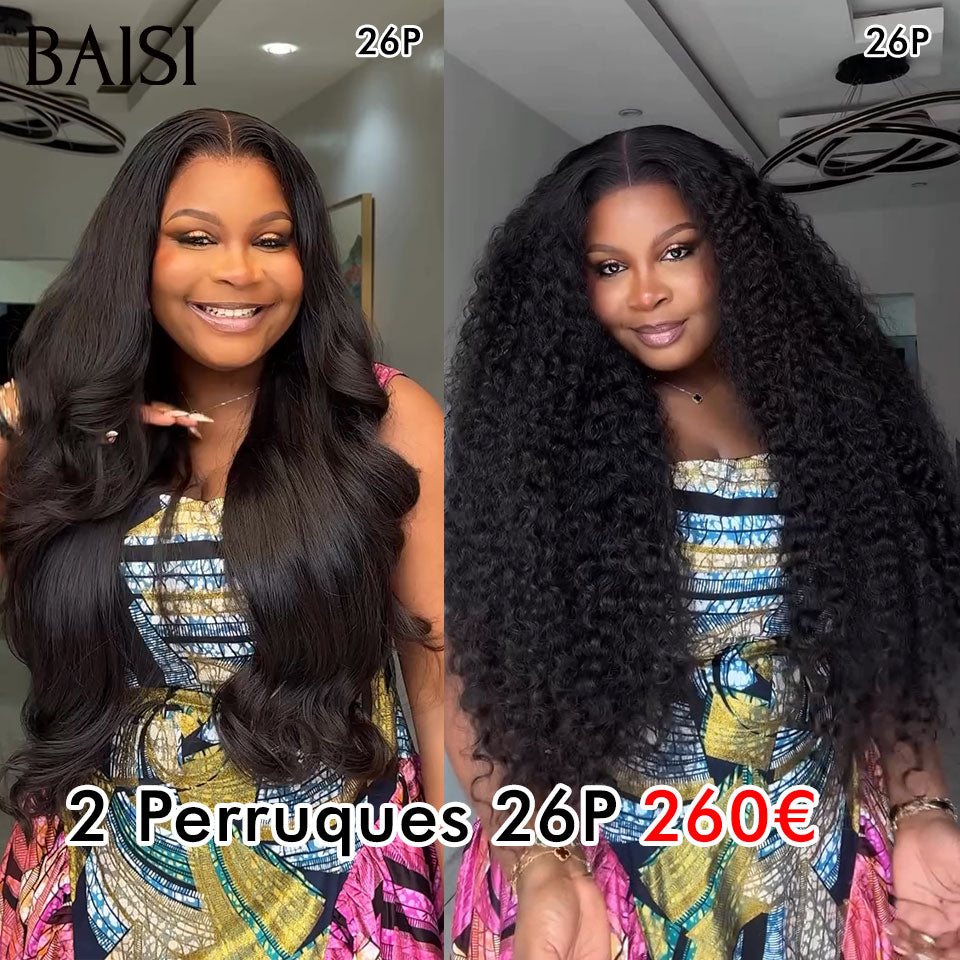 BAISI 2 perruques Flash Offer 260€ Vente en gros 13X4 lace frontal  26 Pouces Body wave et curly wave en 100% vrais cheveux humains
