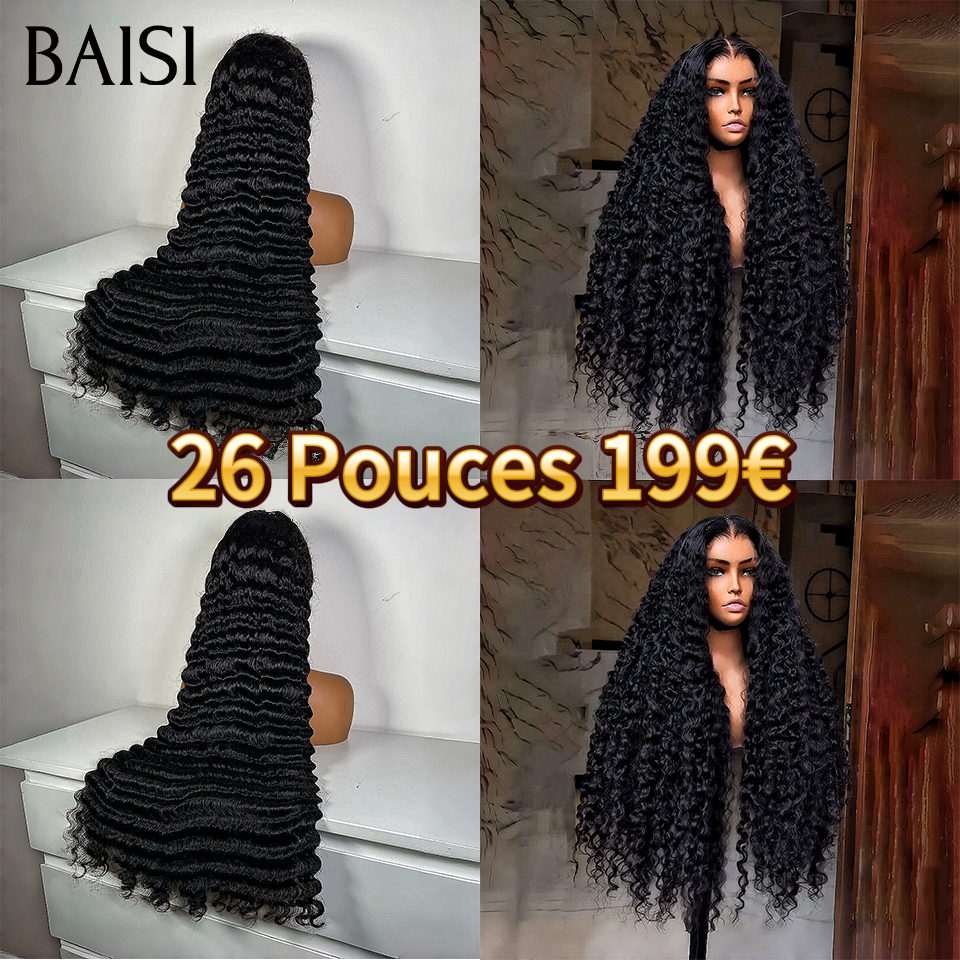 BAISI PROMO Le plus BAS PRIX lace frontal 13x4 Perruque 26 Pouces deep wave NOIR ou BOB curly wave 10 Pouces ou afro curly en 100% Cheveux Humains