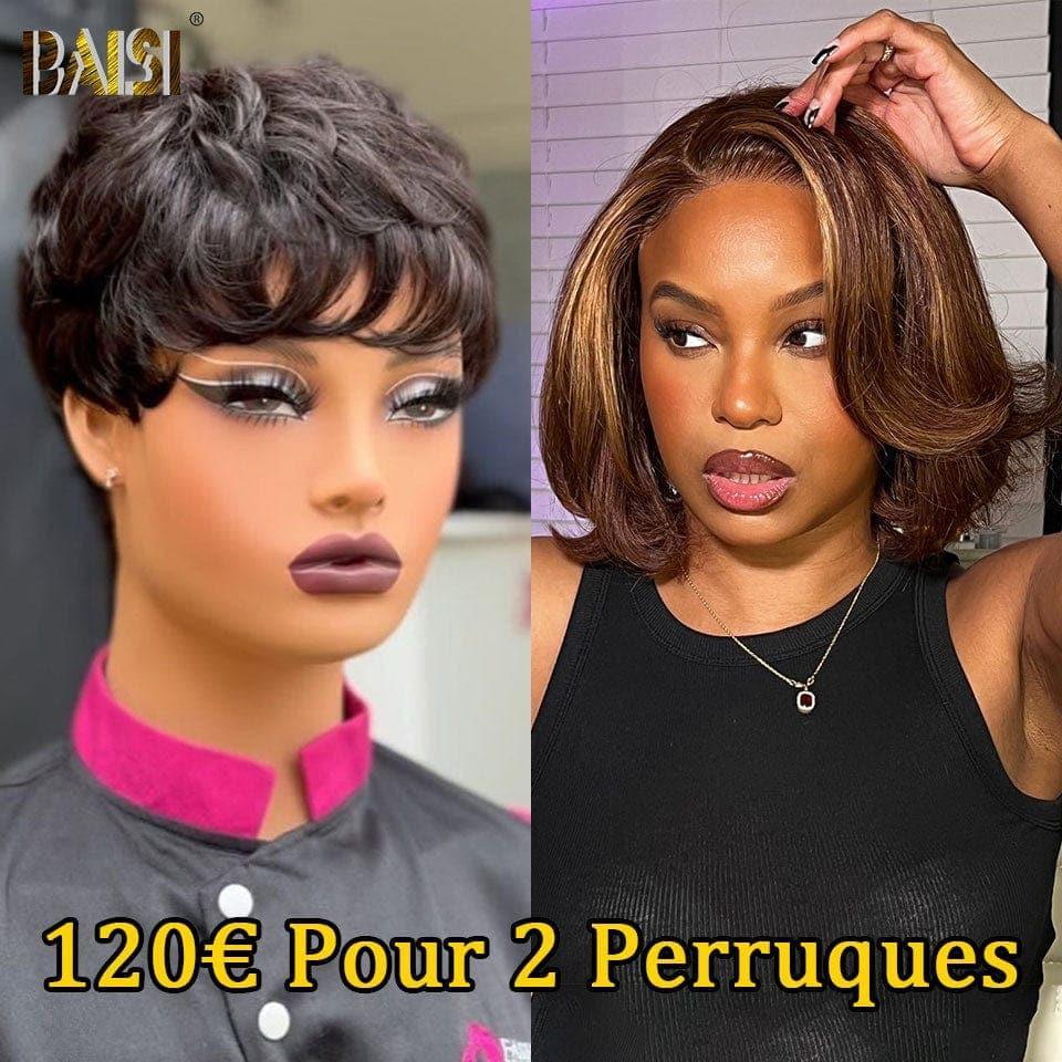 BAISI Lot de 2 perruques Pixie 120 euro ou 2 perruques 209€ 13X4 lace Body wave et 2X6 lace Lisseen 100% vrais cheveux humains  MP50