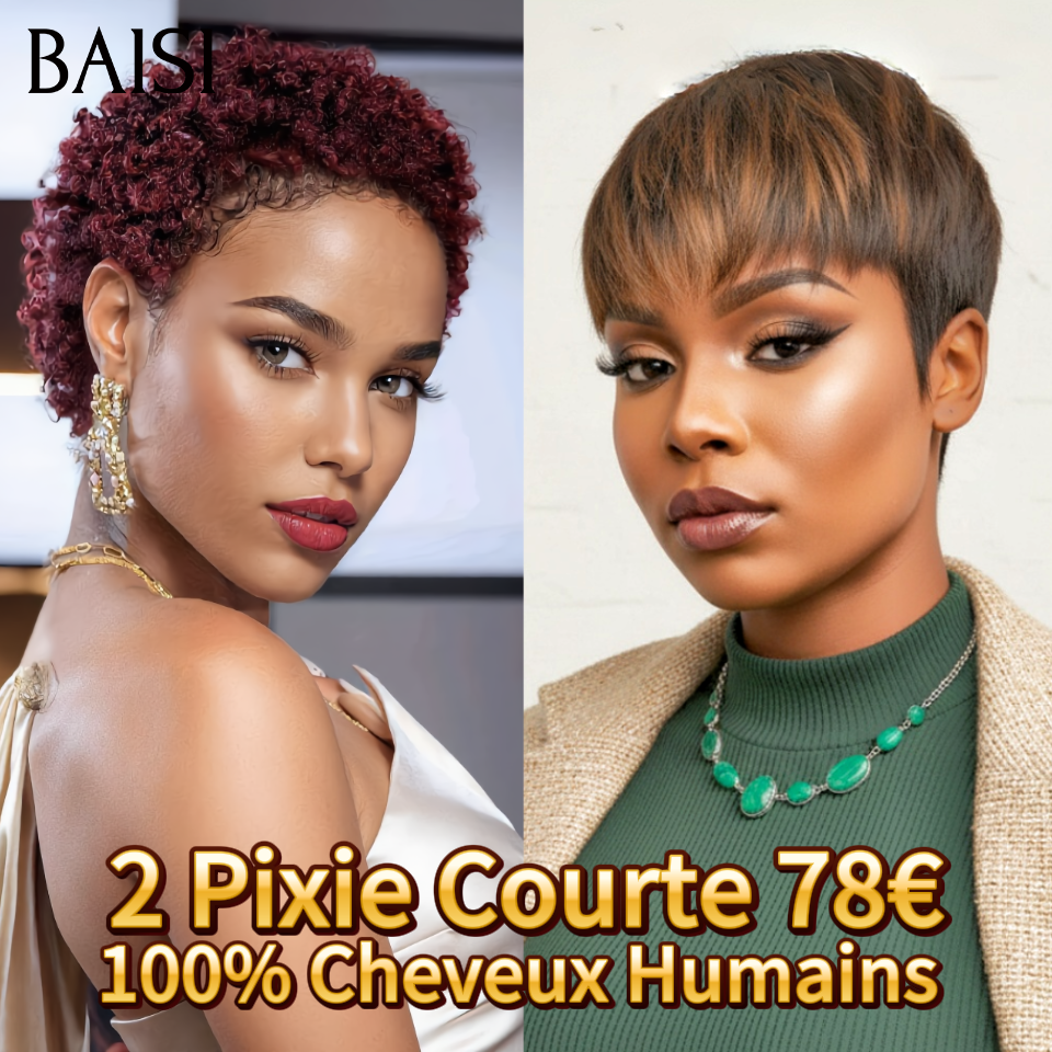 BAISI 2 Pixie Courte 78€ Sans Colle Marron et Bordeaux en 100% Cheveux Humains
