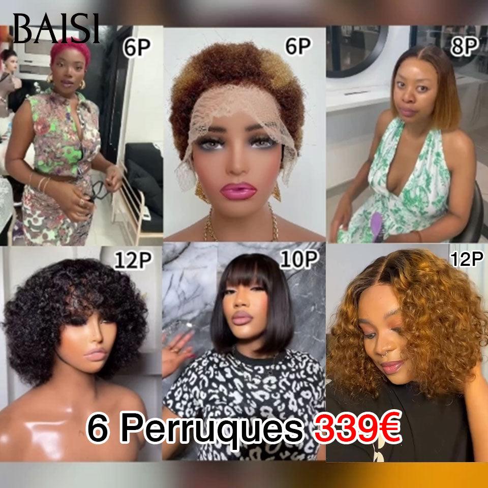 BAISI Perruques 13X4 afro curly et 2X6 lisse 1BT27# 8 pouces et bob avec frange et T part afro curly 1BT30# en 100% Cheveux Humains BS65