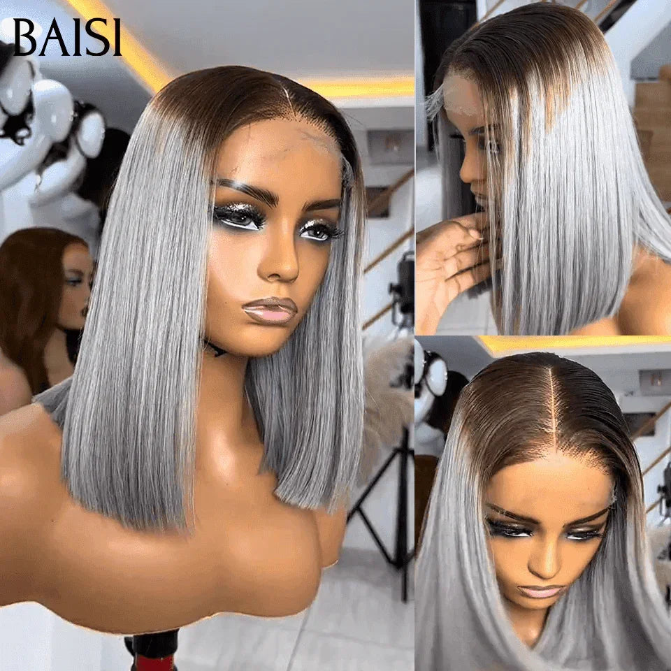 Collezione BAISI Poivre et Sel SDD BONE STRAIGHT Parrucca Liscia Bob 2x6 Chiusura in Pizzo Capelli 100% Vietnamiti colore #4/Grigio In 100% Veri Capelli Umani