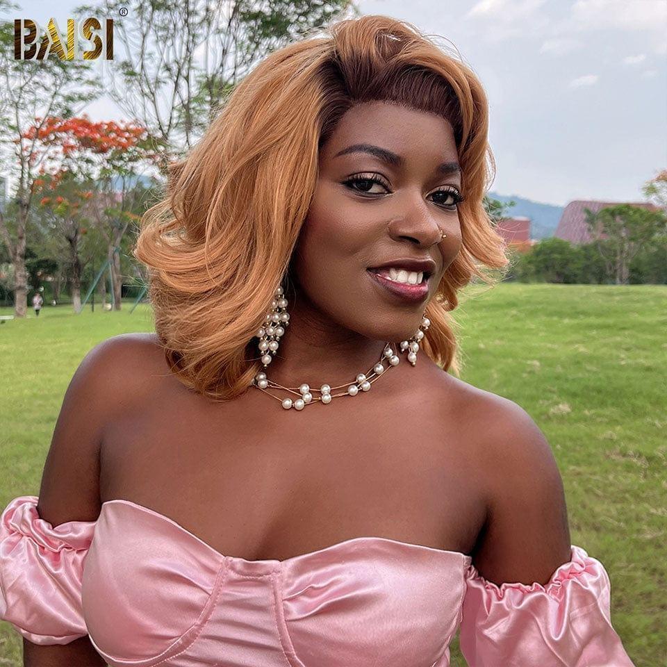 BAISI 13x4 Frontal Perruque grosse boucles 12 pouces En Couleur  Miel avec Racine Marron 4T27# 149€ en 100% Vrais Cheveux Humains BS120