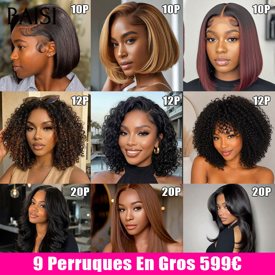 BAISI 9 perucas por grosso 599€ ( qualidade+quantidade ) ou 4 perucas de qualidade 229€ em França ou peruca lisa de luxo Bob 2x6 Lace 10 polegadas 109€ metade do preço 100% cabelo vietnamita Cores personalizadas em 100% cabelo humano verdadeiro MP50