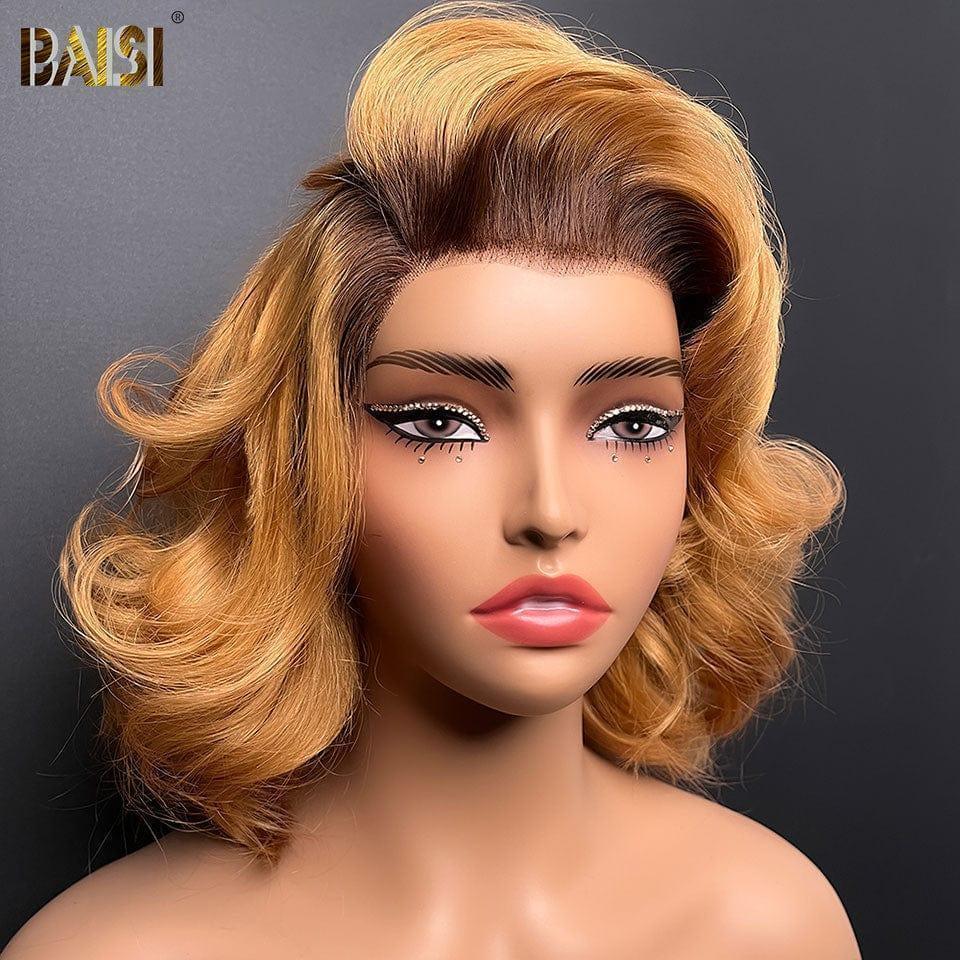 BAISI 13x4 Frontal Perruque grosse boucles 12 pouces En Couleur  Miel avec Racine Marron 4T27# 149€ en 100% Vrais Cheveux Humains BS120