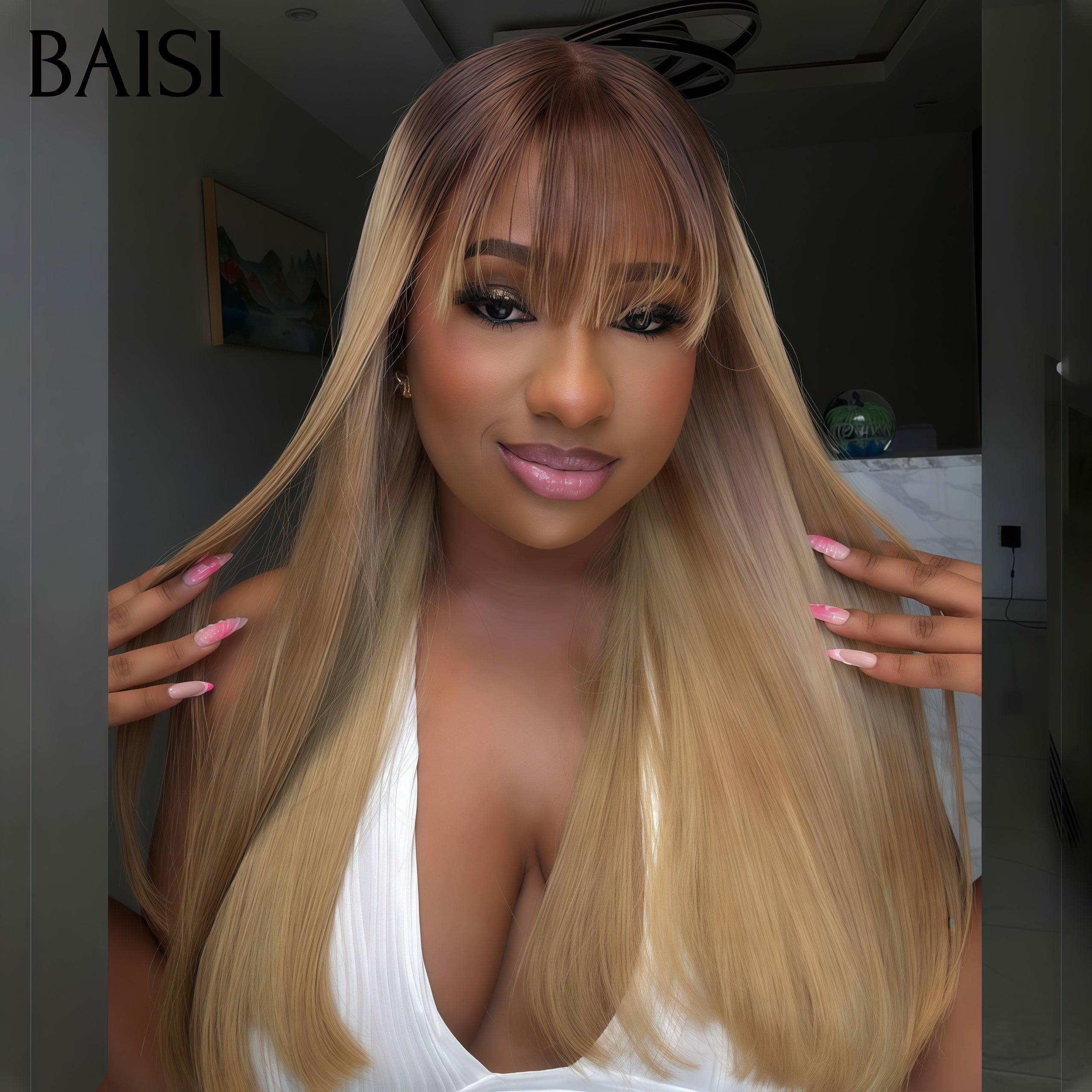 BAISI 250% densité Perruques de Luxe SDD BONE Straight 100% Viêtnam Hair avec frange en couleur blonde 4/613#  Lisse plus de 20 ans d' utilisations MP50