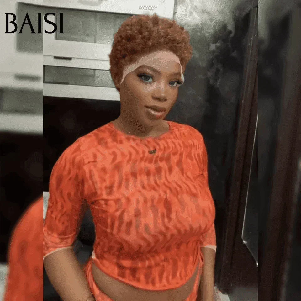 BAISI Peruca Pixie Afro Cacheado 13x4 lace frontal cacheado por todo o lado Cor Castanho #4 em 100% cabelo humano F-905