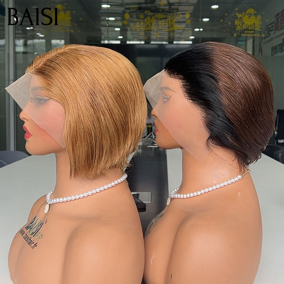 BAISI Perruque Lot de 2 Perruques Pixie en 13x4 Lace Frontale Lisse Couleur Miel et Couleur Noir Moitié Marron 75€ Seulement Promotion Spéciale Vacances en 100% Cheveux Humains