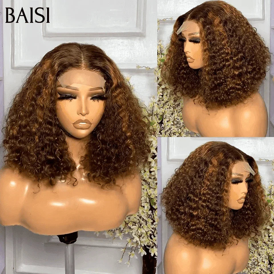 BAISI Grand SOLDES Volume 250% densité 12 Pouces Couleur 4#Mix30# Lace 4X4 Perruques de Luxe curly Wave double drawn mèches vièges en 100% Cheveux Humains