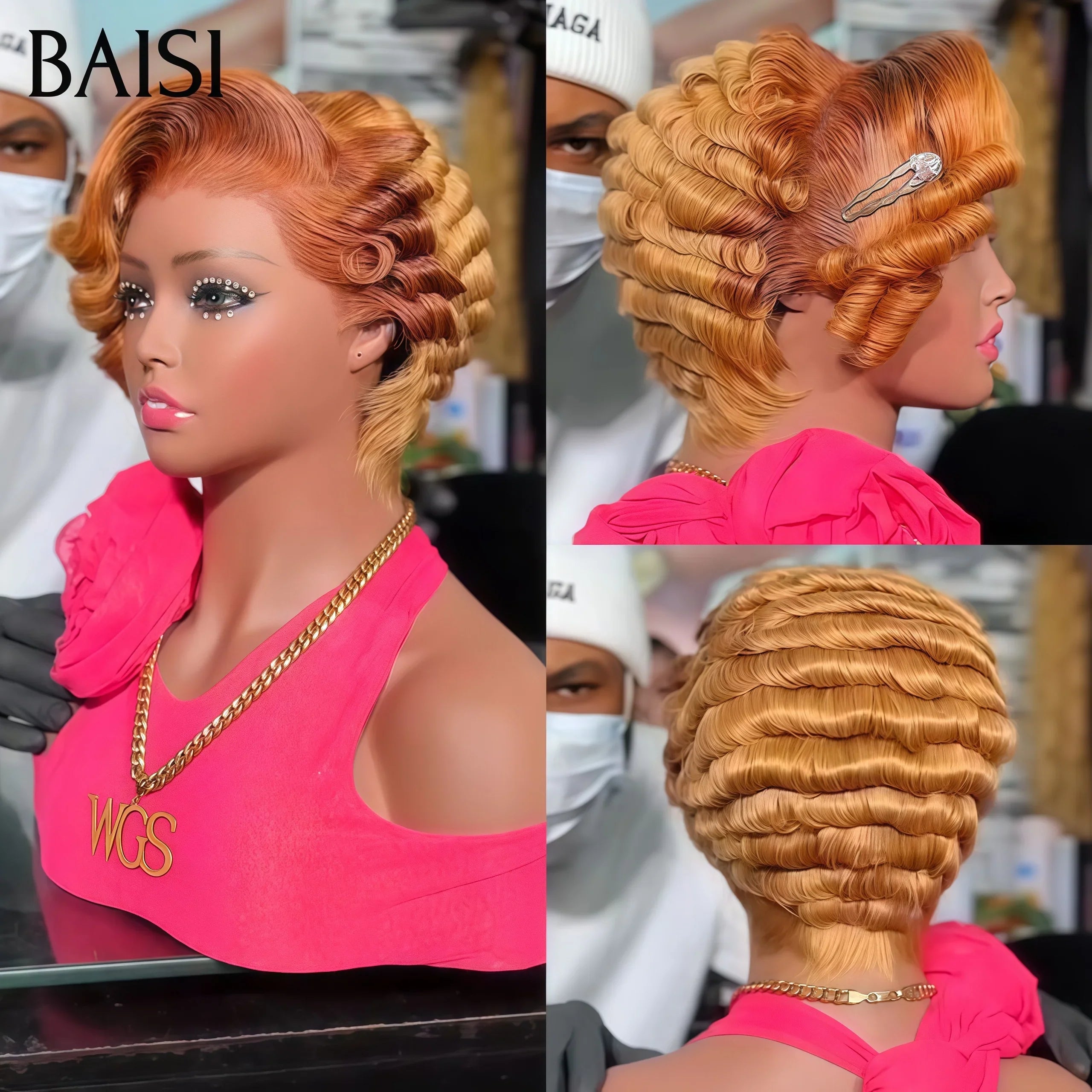 BAISI  Perruque 65€ pixie Coiffure 13X4 lace finger wave comme la video en couleur 4T27# en 100% Cheveux humains