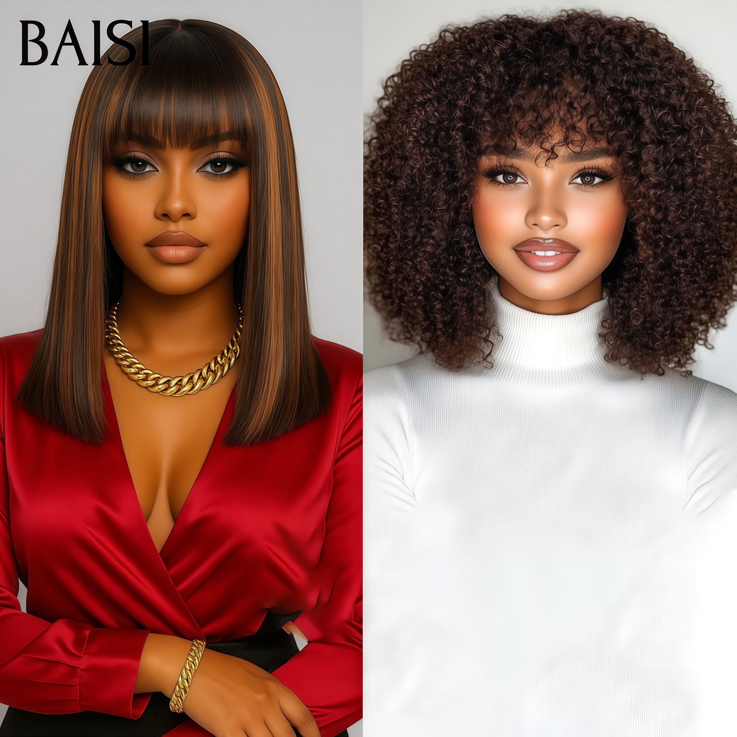 BAISI PROMO 2 Perruques 159€ Lisse BOB avec Frange Mixte Miel et curly wave avec Frange Marron en 100% cheveux humains