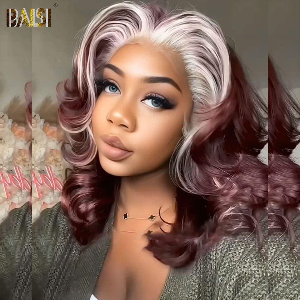 BAISI 4 Perruques 239€ ou 13x4 Frontal Body wave 16 pouces en Couleur Rouge-violet Mix Blonde en 100% Raw Hair