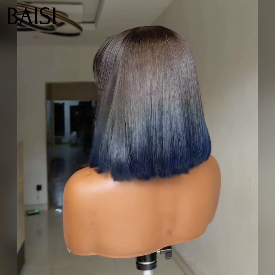 BAISI vente flash bob lisse avec frange bleu ou 2 perruques en Promo 162€ 5x5 lace egg wave 1BT4# 12 Pouces et 4x4 lace curly wave moitié prix en 100% vrais cheveux humains mp50