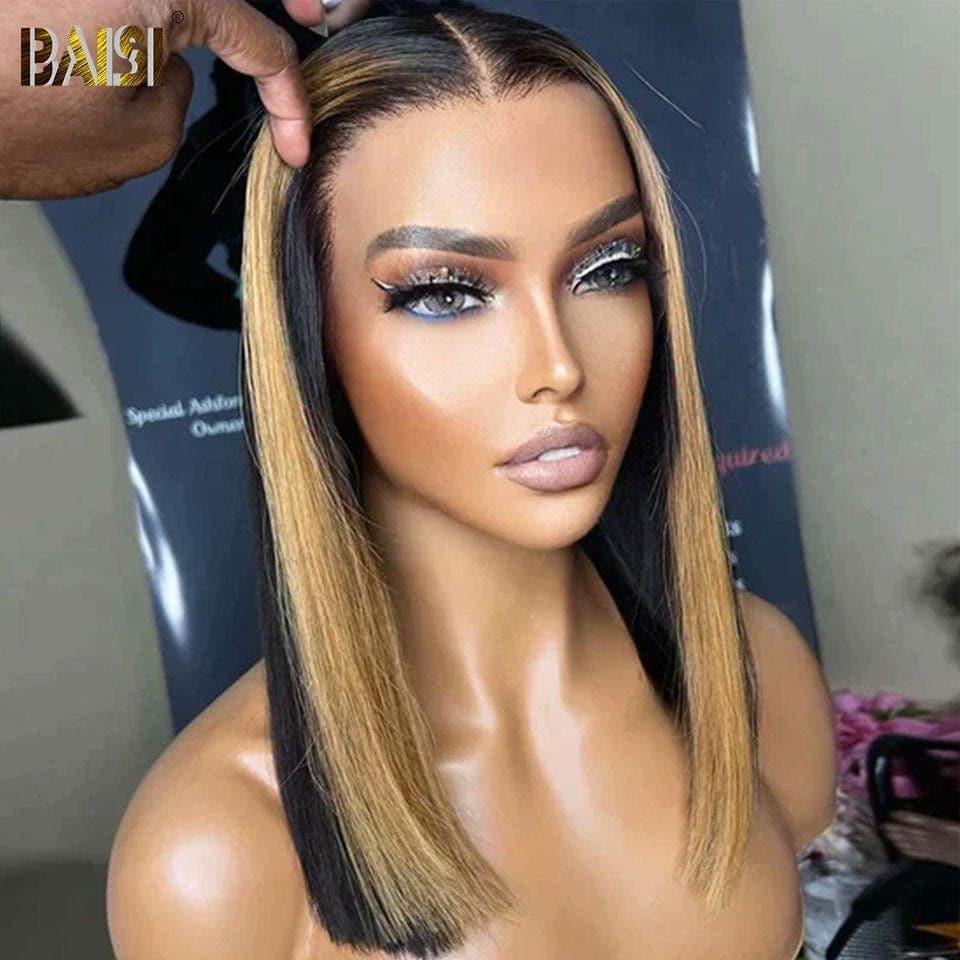 BAISI 13X4 Straight Bob Wig In color #1B#27 strands Pre-plucked No Glue Needed in 100% Raw Hair Lace already cut