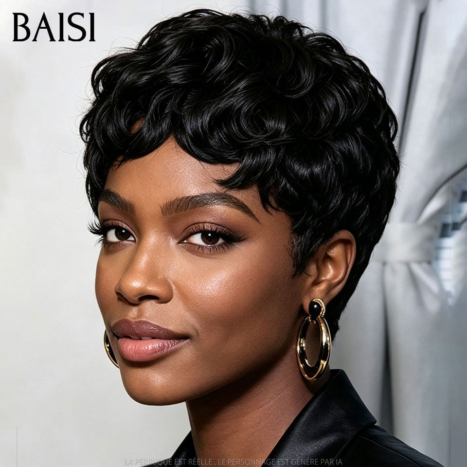 BAISI  Perruque Chiomas 59€ Pixie Finger Wave petite coupe Lace Frontale en Couleur NOIR 68€ En 100% Cheveux Humains