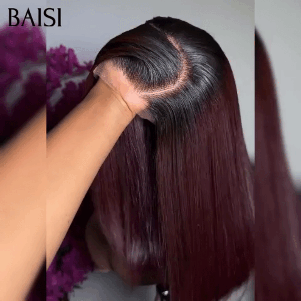 BAISI Perruque 4X4 lace DE luxe Bob Raie sur le côté en couleur Bordeaux 1BT99J# Lisse en 100% Cheveux Humains