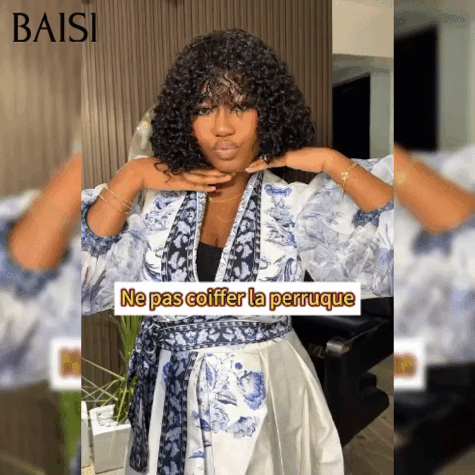 BAISI Offre Flash 80€ Perruque Bob curly wave avec Frange 12 pouces moitié prix en Noir Sans Lace en 100% Cheveux Humains MP50