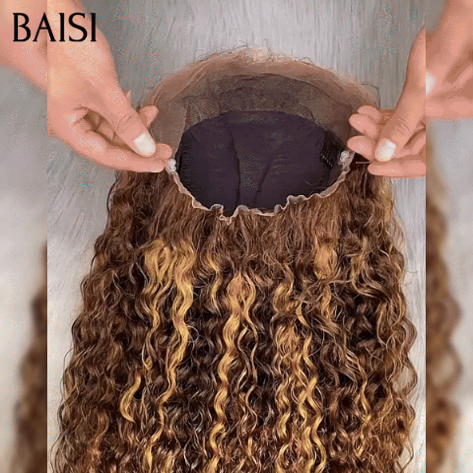 BAISI  perruque Upgrade Invisible Strap 360 lace Frontal curly wave en Couleur marron Mixte Miel invisible et réglable Pré-plucked Pas Besoin de Colle 250% densité en 100% Raw Hair Lace déjà couper