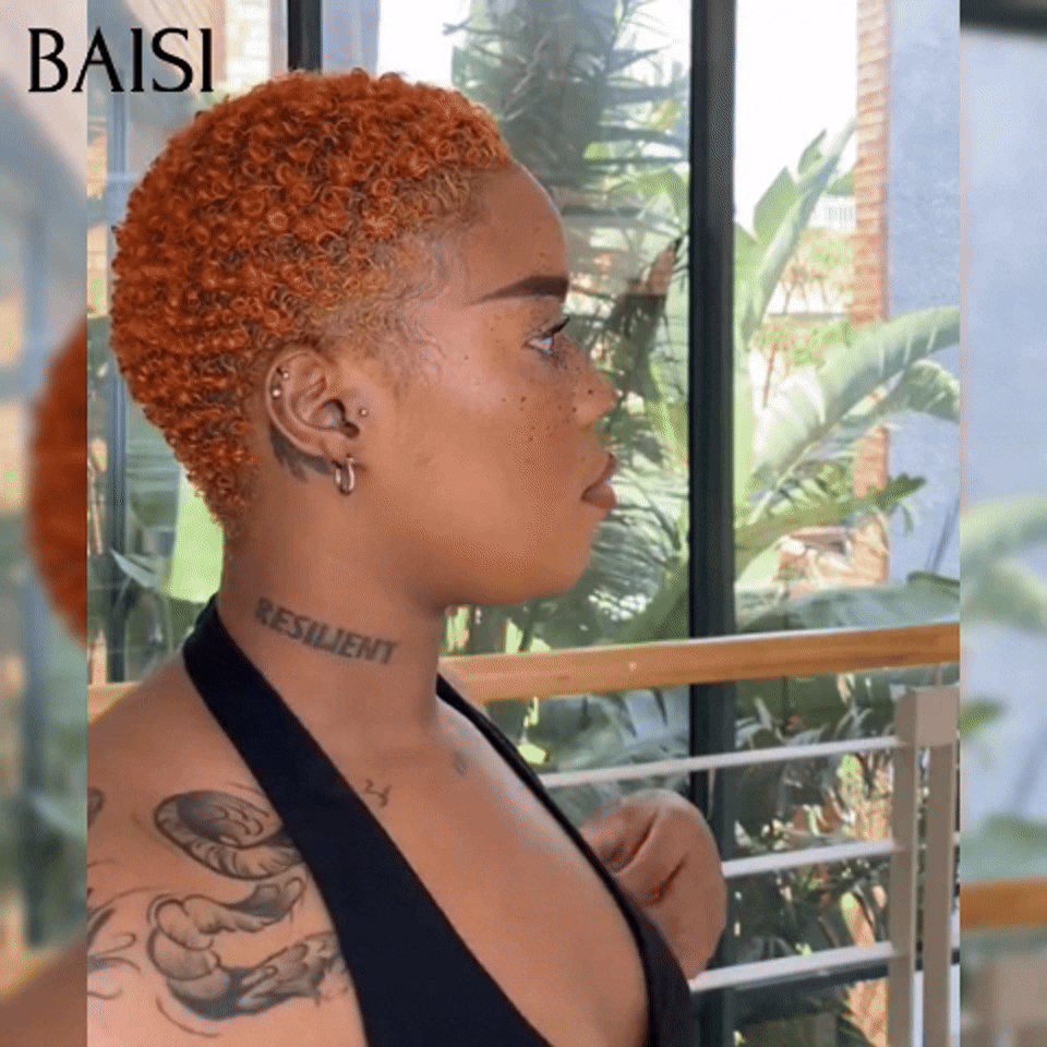 BAISI Full lace Perruques 159€ pixie afro orange 350# identique à la photo Facile à Porter  en 100% vrais cheveux humains