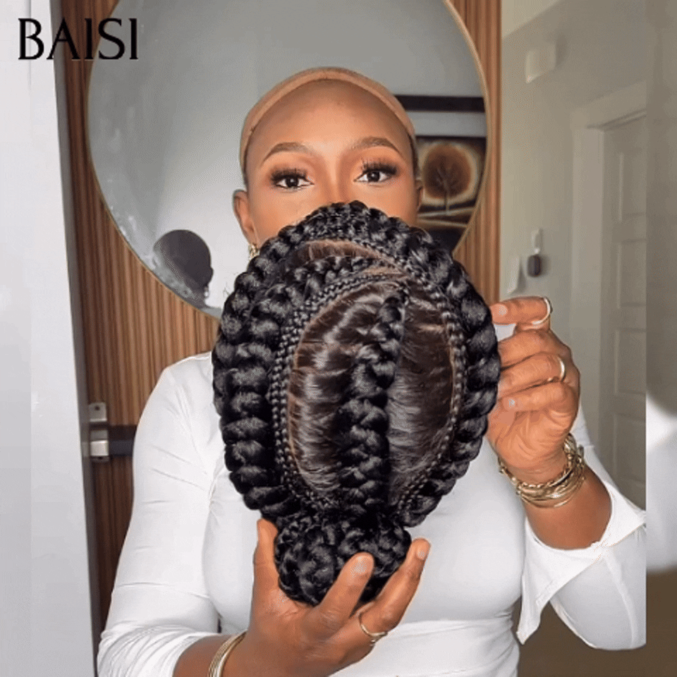 BAISI Perruque Full Lace style tresses regroupées en chignon 100% Cheveux Naturels Full lace perruque Petite natte en Couleur NOIR Coiffure Chignion 100% Comme la video 100% cheveux humains