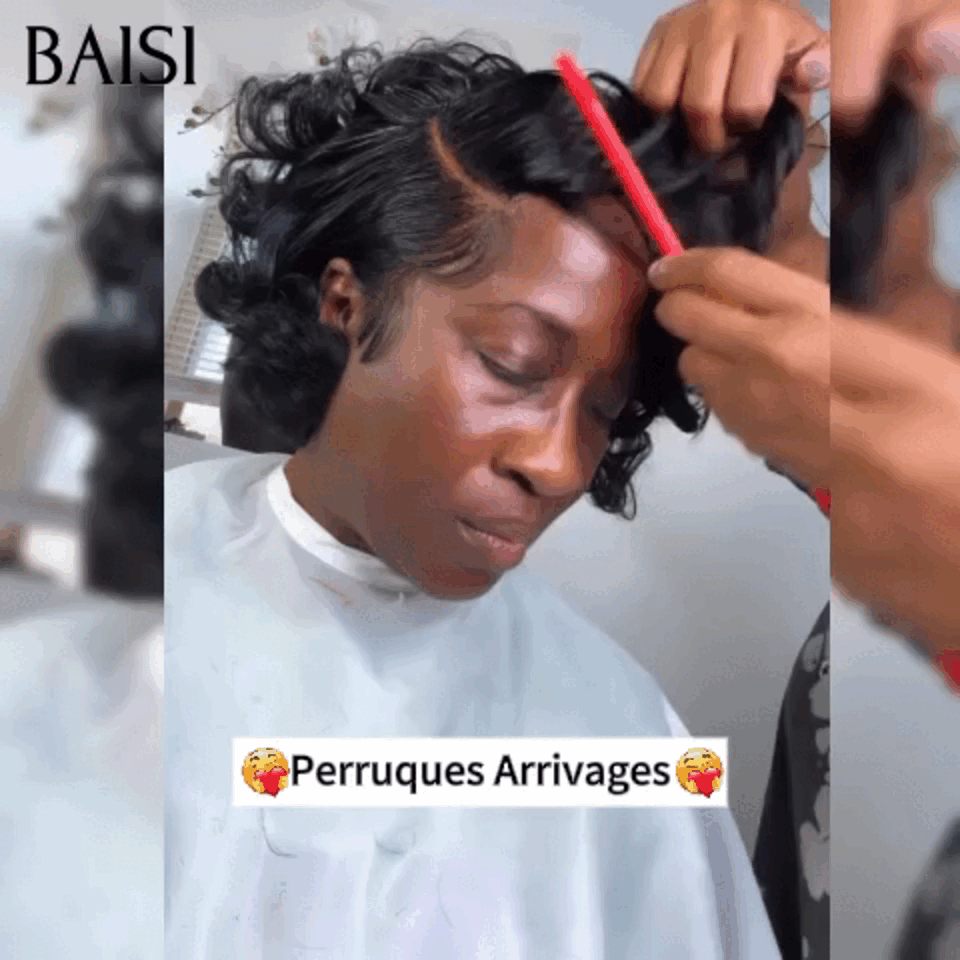 BAISI Perruque 13x4 lace frontal pixie curly ou 4X4 lace bob Curly 8 Pouces Raie sur le côté 1B# 86€ en 100% Cheveux Humains