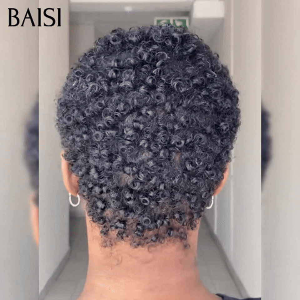 BAISI Full lace Perruques 149€ pixie afro NOIR identique à la photo Facile à Porter  en 100% vrais cheveux humains Lace déjà couper