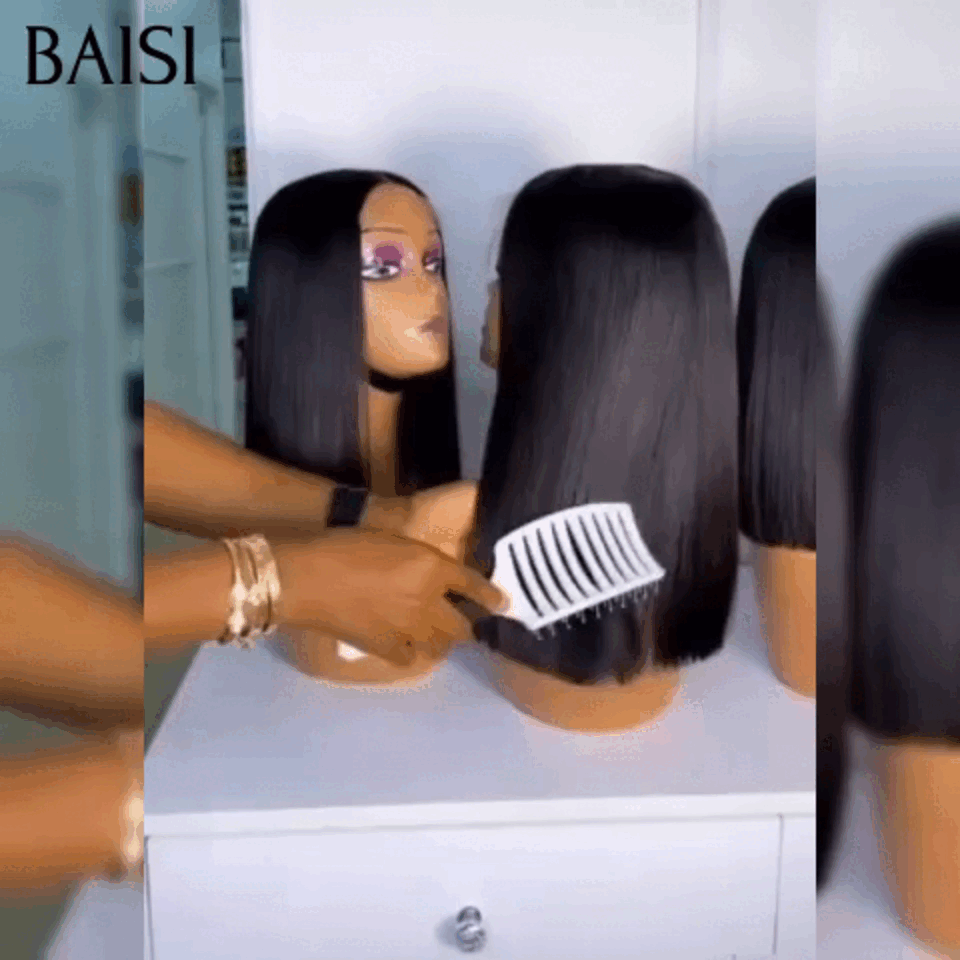 BAISI 13X4 Perruques cheveux sans Colle 100% RAW HAIR Lisse bob 200% densité   B