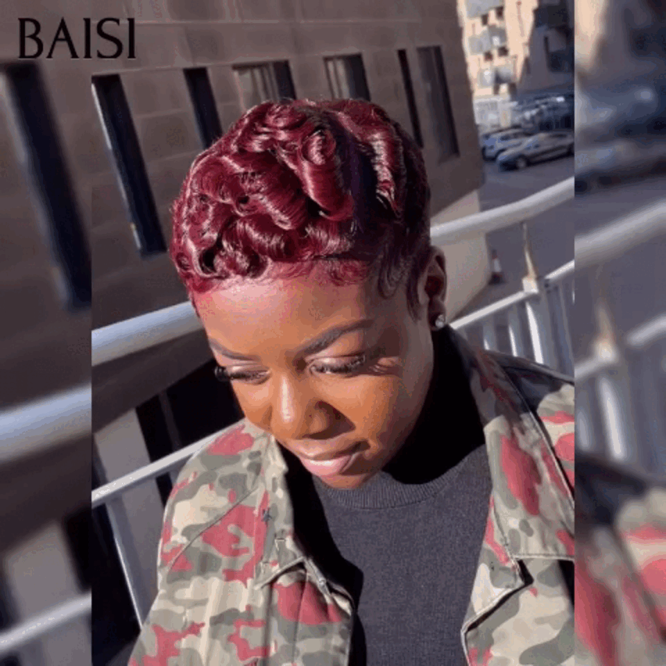 BAISI  Perruque Pixie 13x4 lace curly wave ou finger wave sans Colle sans lace Couleurs Bordeaux 99J# en 100% Cheveux Humains