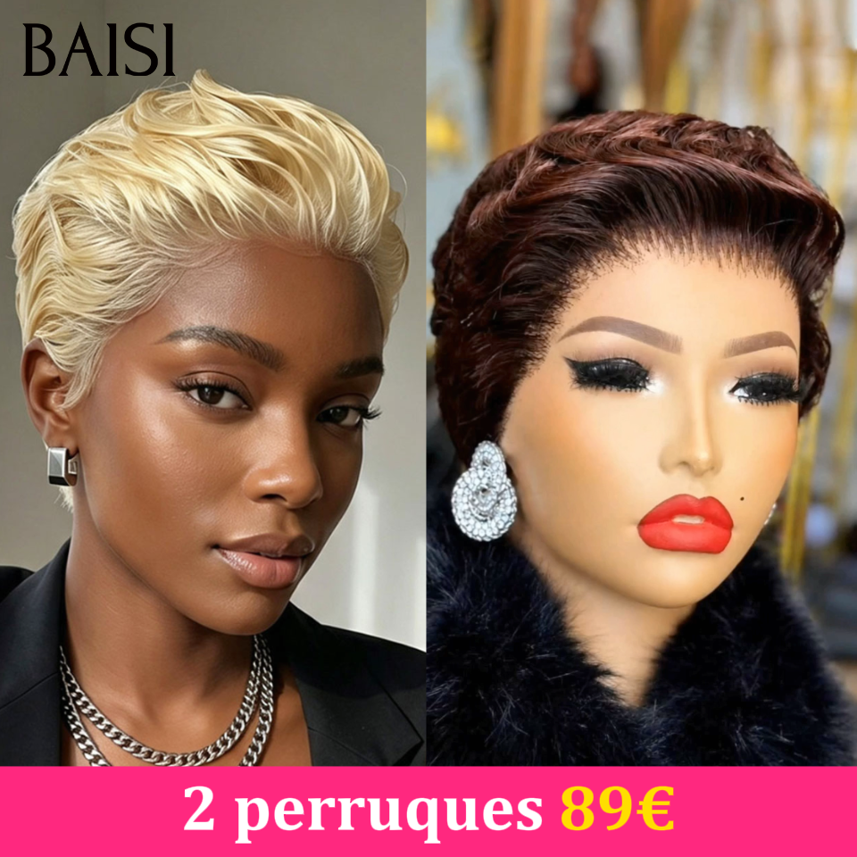 BAISI 13x4 Lace Lot de 2 Perruques 89€ Pixie Lisse Blonde 613# et Marron 4# 100% Identiquee Prix très Abordable enen 100% Cheveux humains