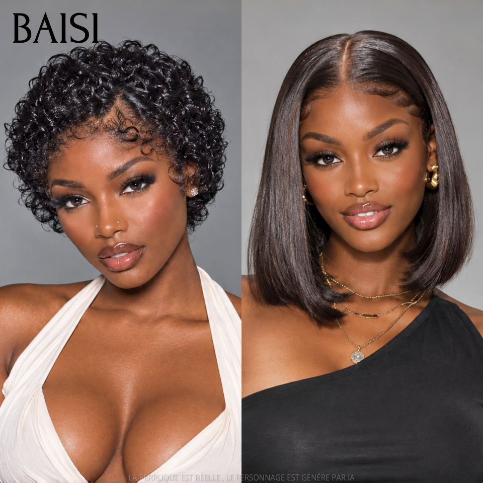 BAISI 13x4 Lace Frontale Lot De 2 Perruques Courte 1 Pixie Curly 69€ et 1 Bob Carré Lisse 78€ Seulement Promotion Inédite en 100% Cheveux Humains