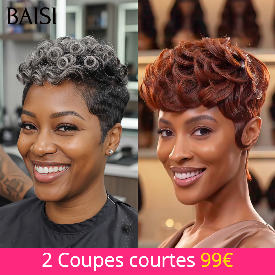 BAISI Lot de 2 Perruques Pixie Bouclée Gris et Orange 99€ Sans Colle Sans Lace Coupe A la Mode Pour l'Eté en 100% Cheveux humains