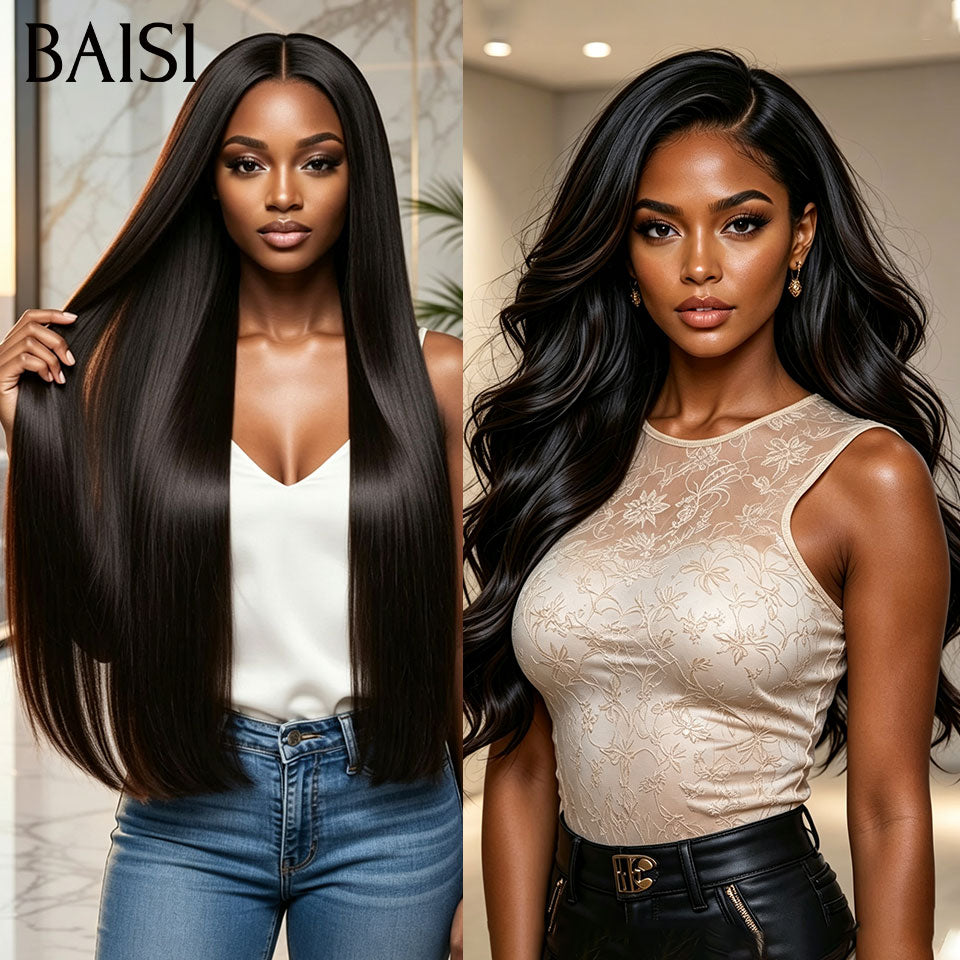 BAISI  13x4 Lace 2 Perruques 200€ Seulement Prix Spécial Pour Revendre Texture Lisse 24 Pouces  + Body wave 22 Pouces  NOIR 200% densité en 100% cheveux humains Stocks Limités