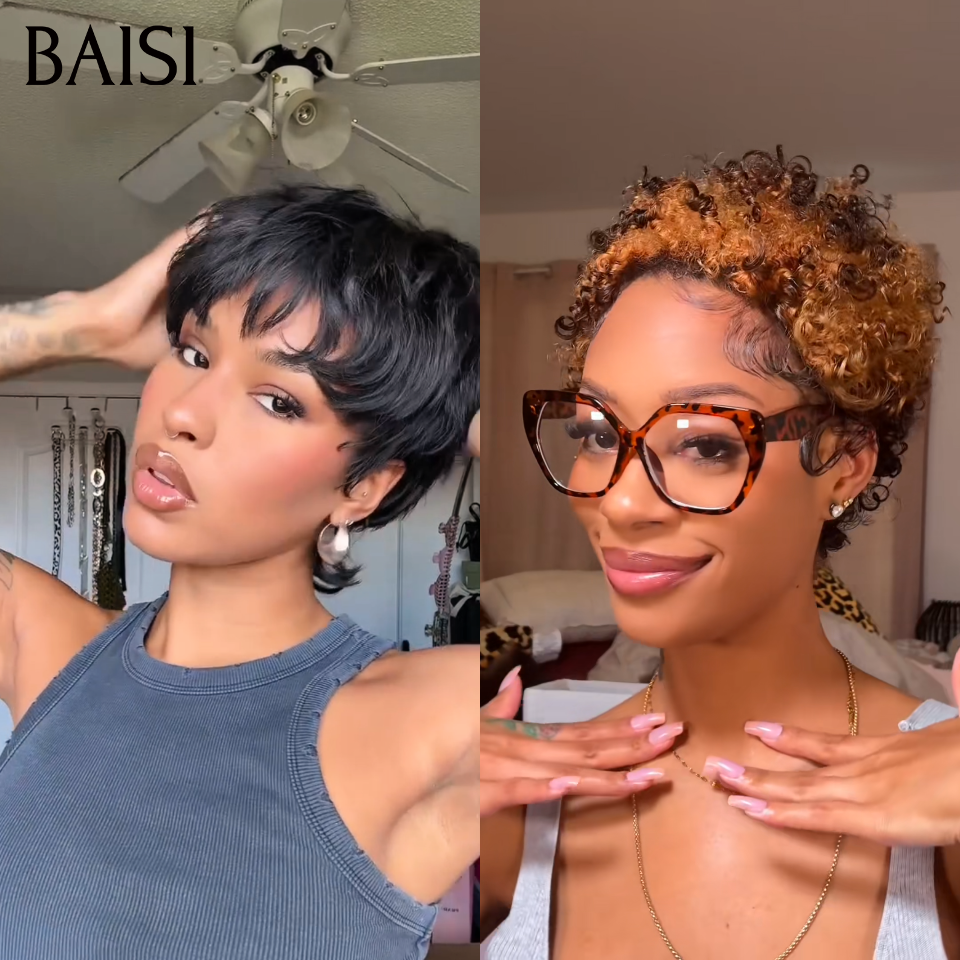 BAISI Lot 2 perruques Pixie Courte Lisse noir 1B# + Curly Marron Clair 1B/33# Petit Prix Fou 66€ Seulement Sans colle Sans Lace en 100% Cheveux Humains 