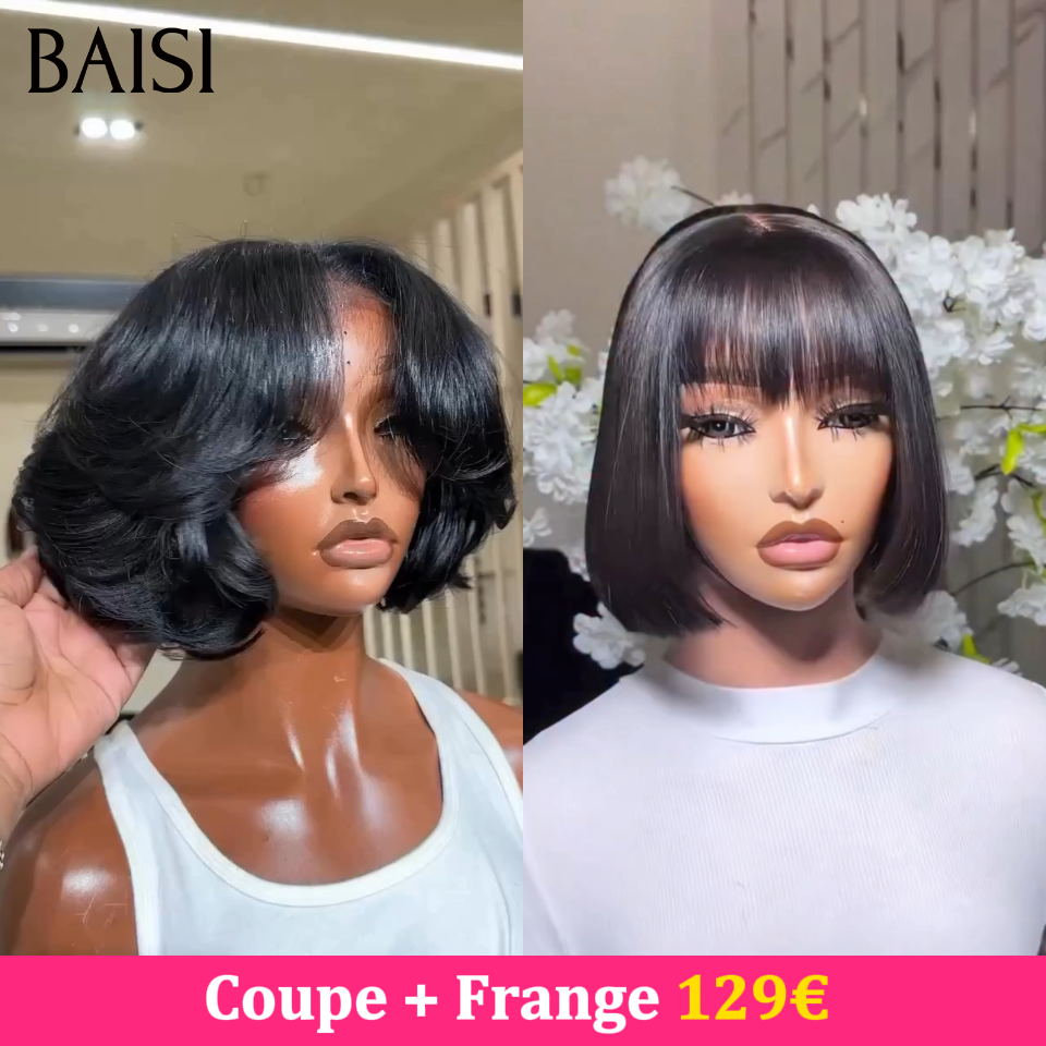 BAISI PROMO 2 Perruques 4x4 Lace Petite Coupe Ondulée +  2x4 Lace Bob Lisse Avec Frange 129€ Seulement Tendance Unique Pour les Vacances en 100% cheveux humains