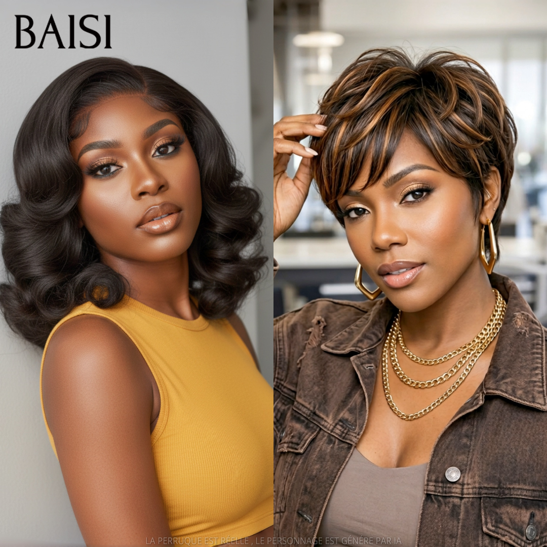 BAISI Lot de 2 Perruques Egg Wave Noir + Pixie Marron Lisse Beauté Fatale en 100% Cheveux humains