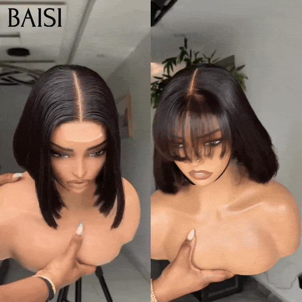 BAISI Lot de 2 Perruques bob Lisse Noir 10 pouces 139€ Seulement Avec et Sans Frange 100% Vietnam Hair de Qualtié  en 100% vrais cheveux humains