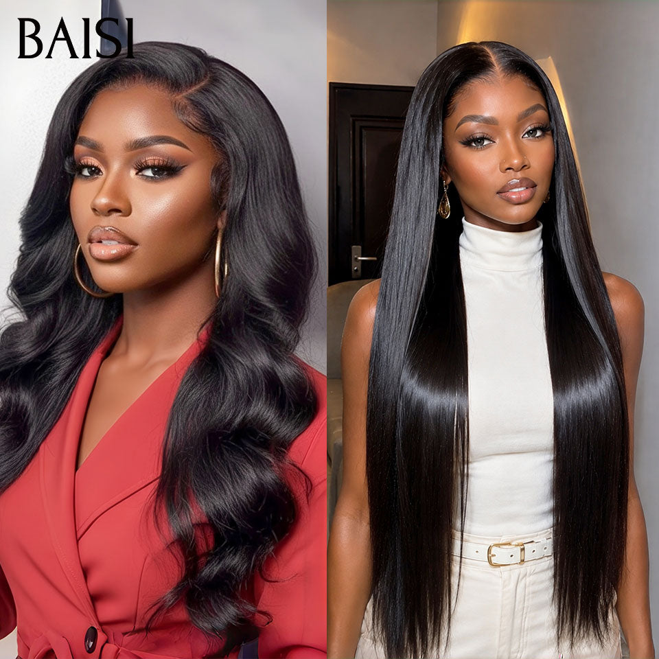 BAISI 13x4 lace Lot de 2 Perruques Longue Lisse + Body Wave 20Pouces 176€ Couleur Noir Prix Très Abordable en 100% Cheveux Humains  Déjà En France  Livraison 48H  TVA 0€