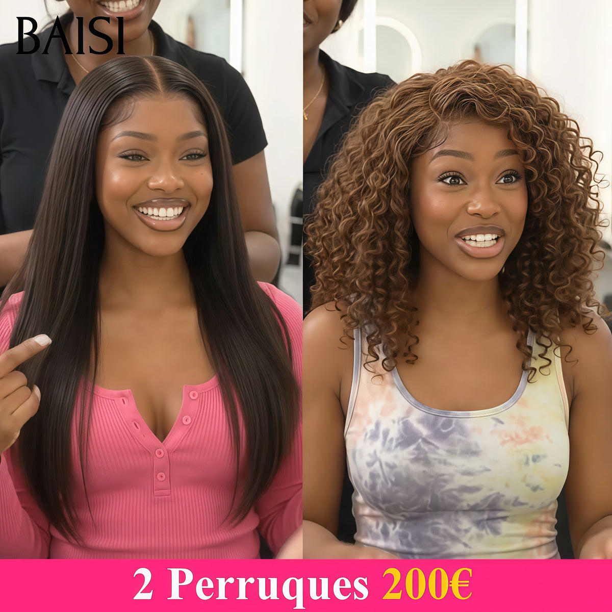 BAISI 13x4 Lace Lot de 2 Perruques Longues 200€ Lisse Noir 20Pouces + Curly  Marron 18pouces Idéales Pour Revendre Ou pour Offrir en Cadeaux en 100% Cheveux humains