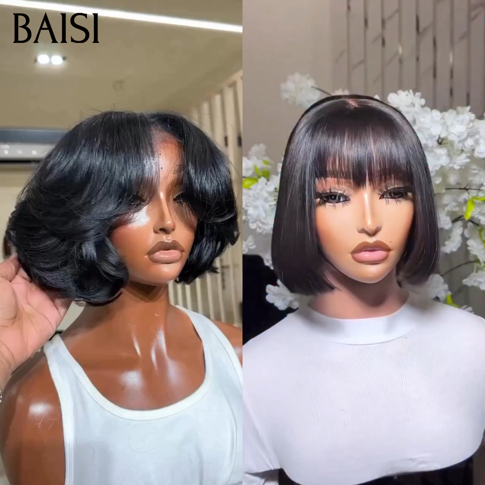 BAISI PROMO 2 Perruques 4x4 Lace Petite Coupe Ondulée +  2x4 Lace Bob Lisse Avec Frange 129€ Seulement Tendance Unique Pour les Vacances en 100% cheveux humains