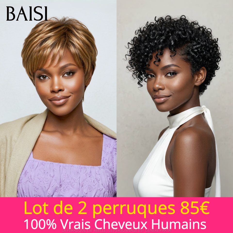 BAISI Lots de 2 Perruques 85€ en 100% vrais cheveux humains