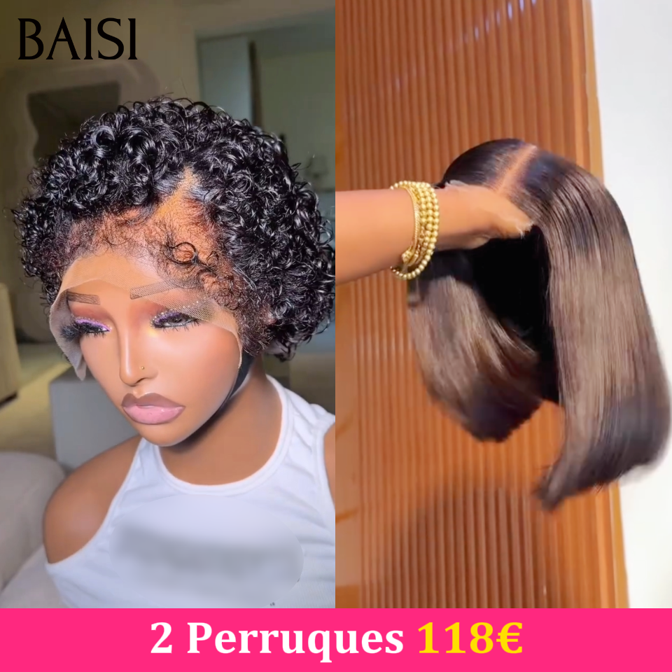 BAISI 13x4 Lace Frontale Lot De 2 Perruques Courte 1 Pixie Curly 69€ et 1 Bob Carré Lisse 78€ Seulement  Promotion Inédite en 100% Cheveux Humains 