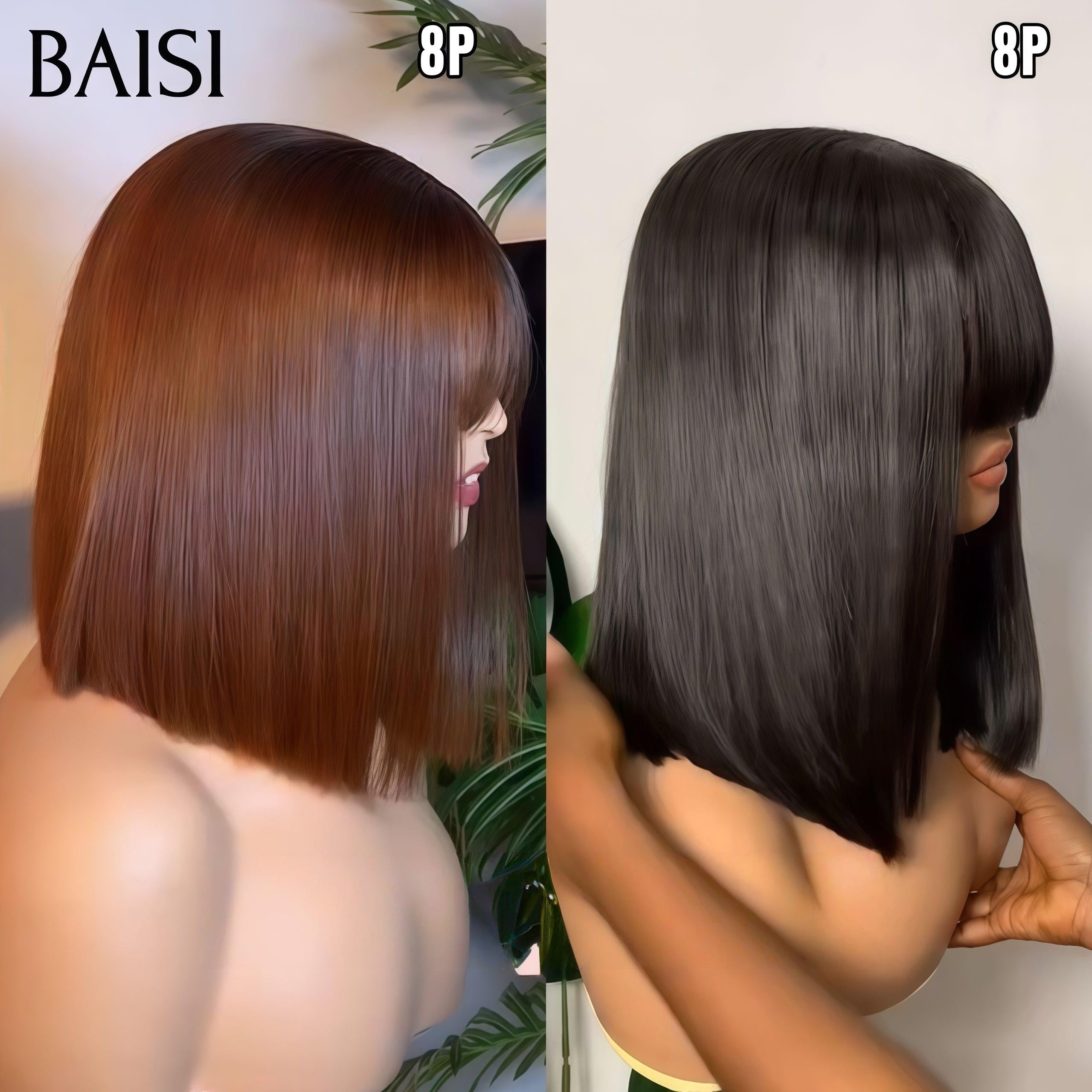 BAISI 2 Perruques 135€ Lisse avec Frange 8 Pouces  Sans lace Lisse NOIR et Marron 250% densité DE luxe en 100% Cheveux Humains BS65