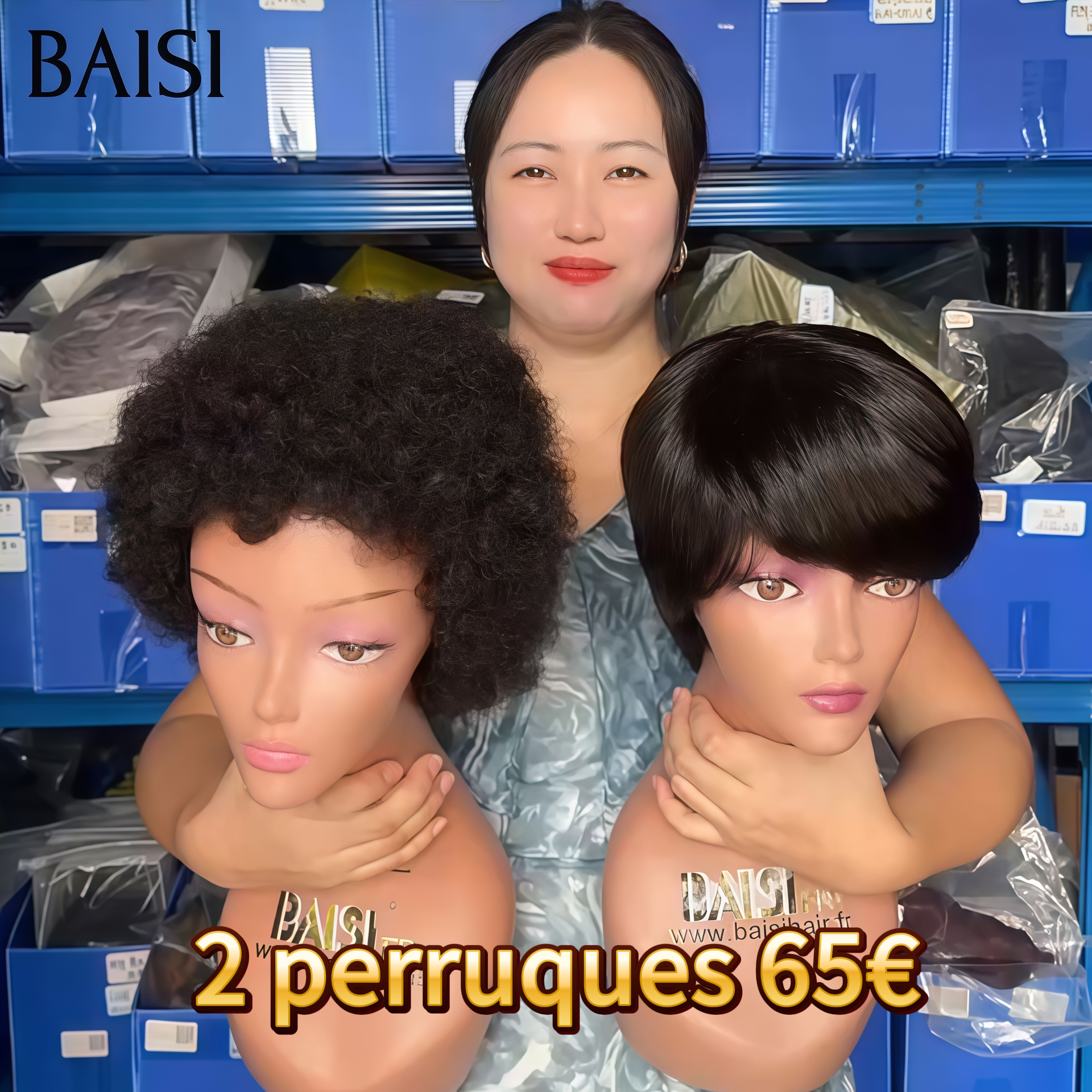 BAISI pixie Ventes En Gros 2 perruques 65€  afro curly et lisse sans colle en 100% Cheveux Humains fabriqué à la machine BS65