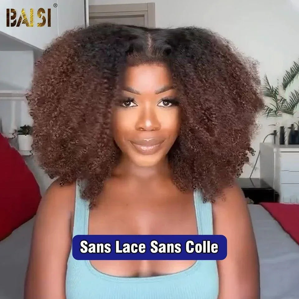 BAISI  perruque Afro Curly Wave 18 pouces 1BT4# en haut de gamme avec les Baby Hair naturel sans lace sans colle 100% Vietnam Hair 300% densité plus de 20 ans d' utilisations BS120