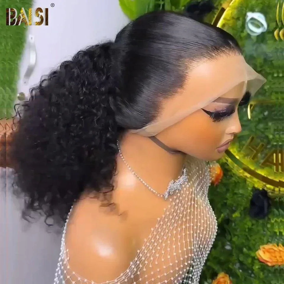 BAISI 360 Peruca Lace Curly em Cabelo Humano Verdadeiro Coque
