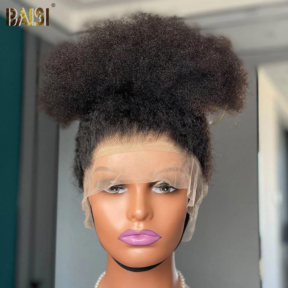 BAISI 360 Lace Peruca 18 Polegadas PRETO Kinky Straight em Cabelo Humano Verdadeiro Penteado Coque