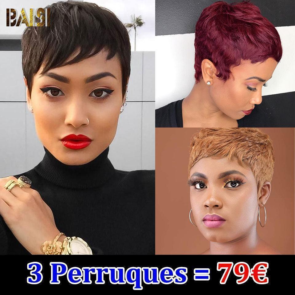 BAISI 2 Courte 76€ pixie ou  Pour 3 Perruques Vente Combinée 79€ 100% Cheveux Humains Fabriqué à la Machine
