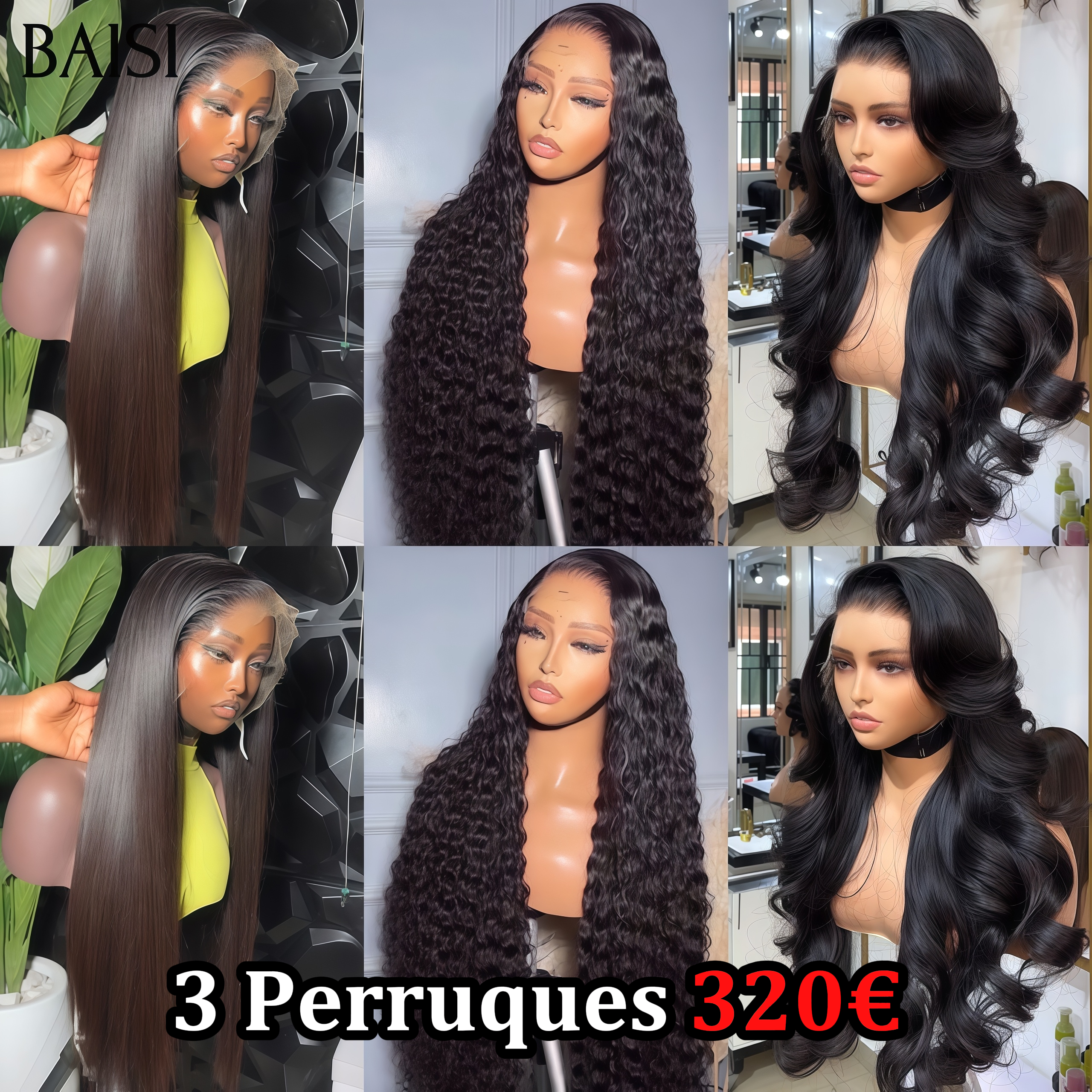 BAISI 3 Perucas 320€ Frontal em renda 13x4 liso, curly wave e body wave, 24 polegadas, 100% cabelo humano verdadeiro