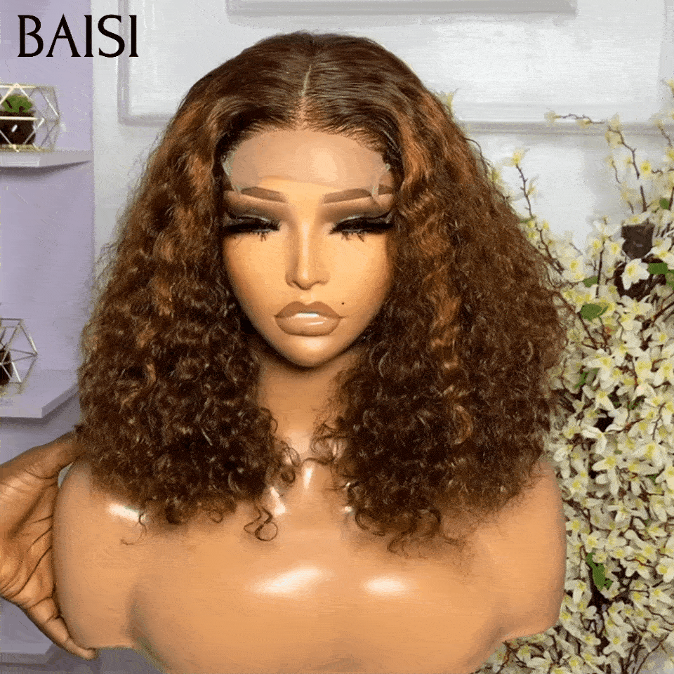 BAISI Grand SOLDES Volume 250% densité 12 Pouces Couleur 4#Mix30# Lace 4X4 Perruques de Luxe curly Wave double drawn mèches vièges en 100% Cheveux Humains